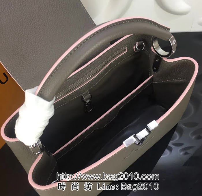 路易威登LV頂級原單M48864鐵灰粉邊經典Capucines中號牛皮手提斜挎包 YDH1698